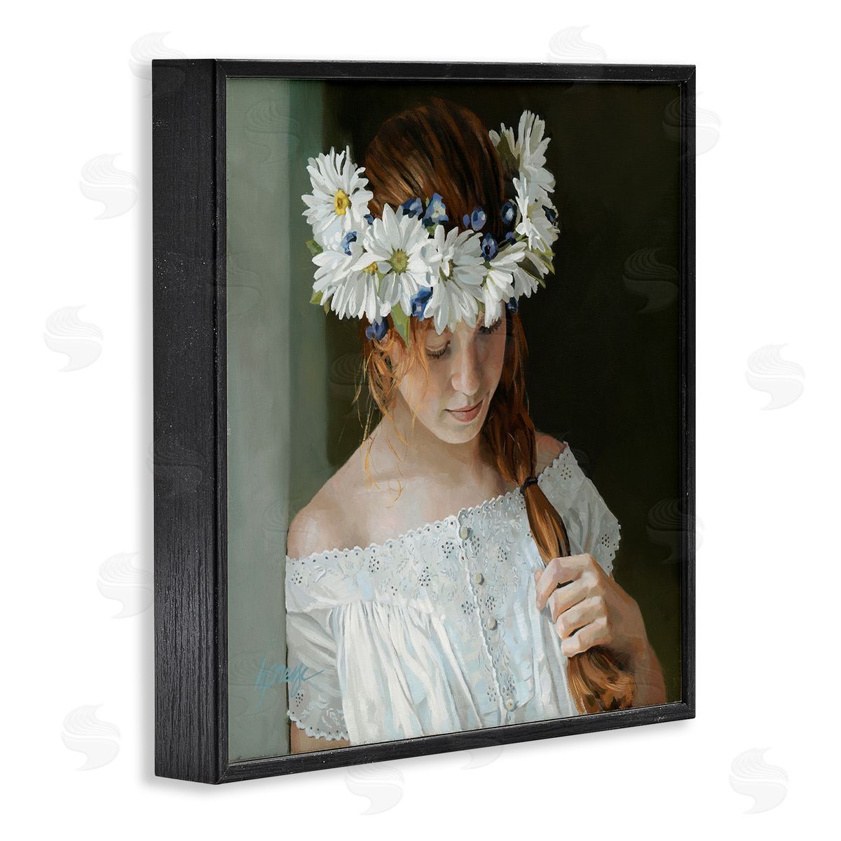Heide Presse Girl with Floral Daisy Crown Black Framed Giclee Wall Art