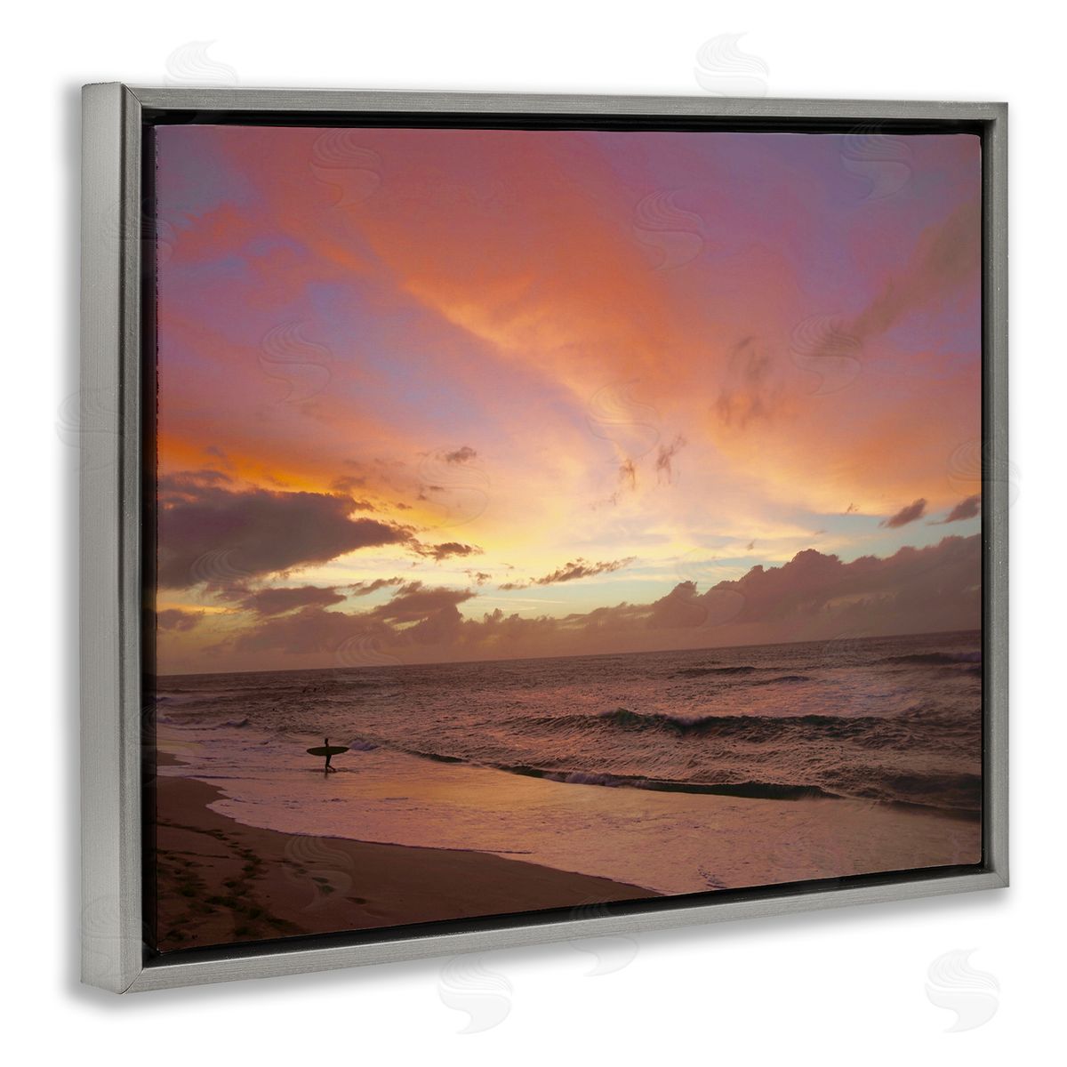 Surfing Beach Waves at Sunset Grey Floating Frame Canvas Wall Art, Home Decor by Unsplash