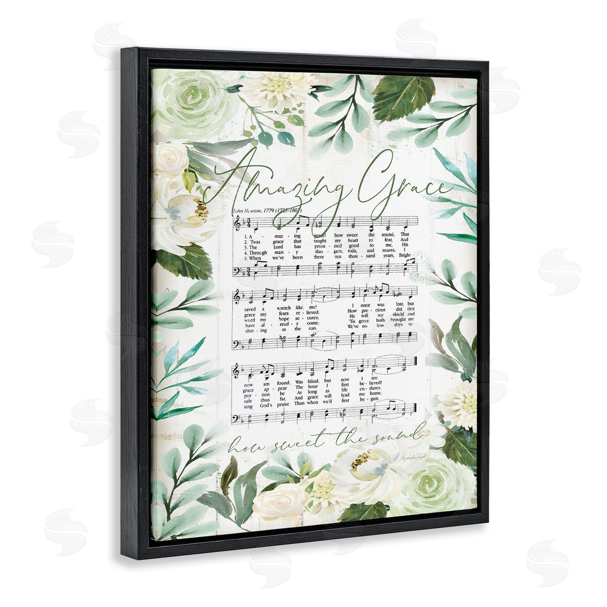 Jennifer Pugh Amazing Grace Green Floral Sheet Music Black Floater Frame Canvas Art