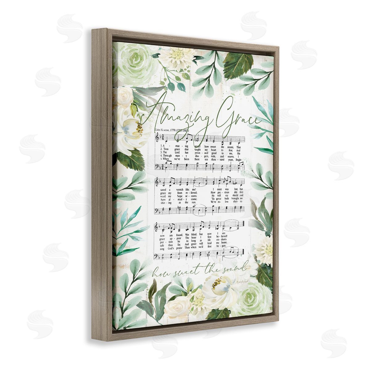 Jennifer Pugh Amazing Grace Green Floral Sheet Music Brown Floater Frame Canvas Art