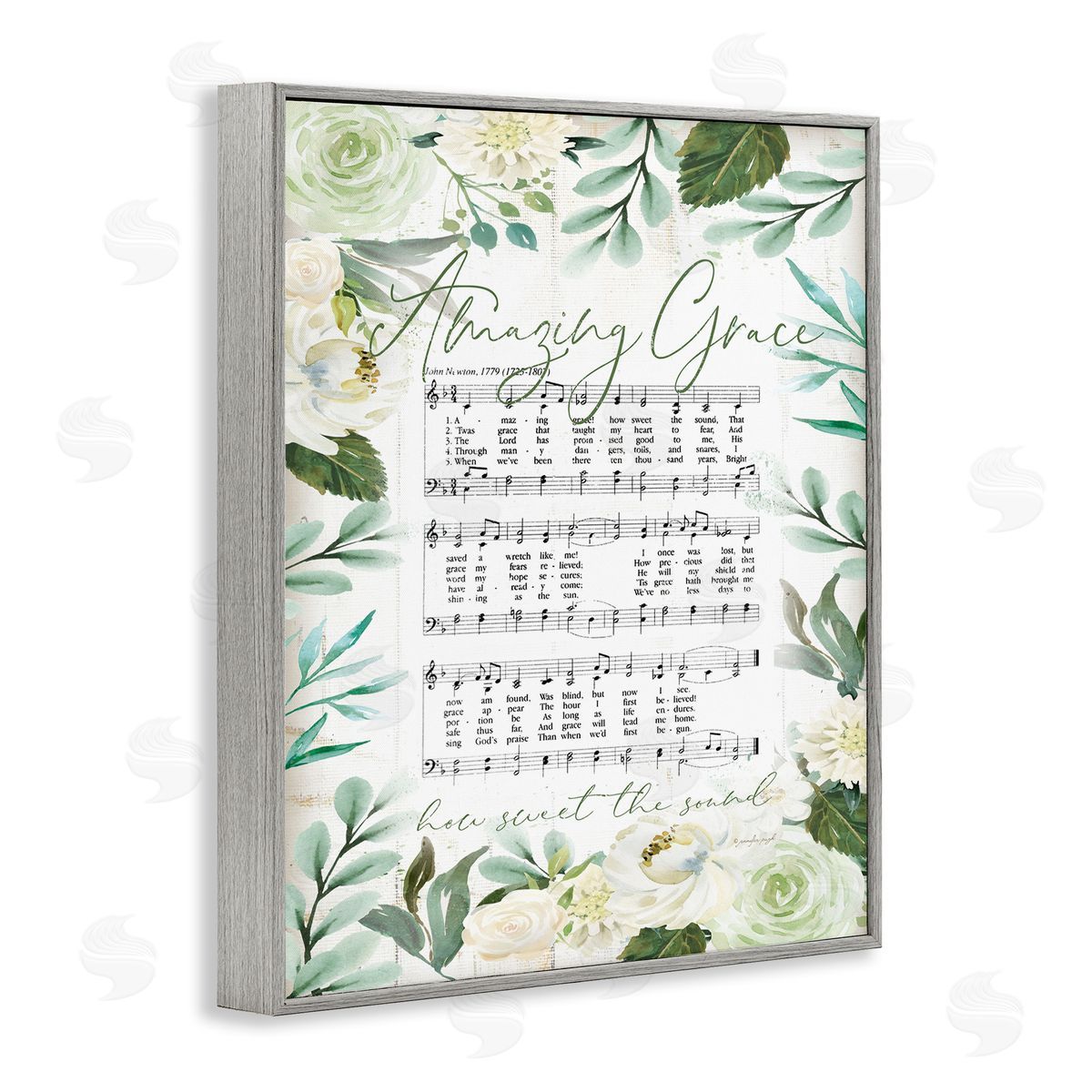 Jennifer Pugh Amazing Grace Green Floral Sheet Music Gray Framed Giclee Wall Art