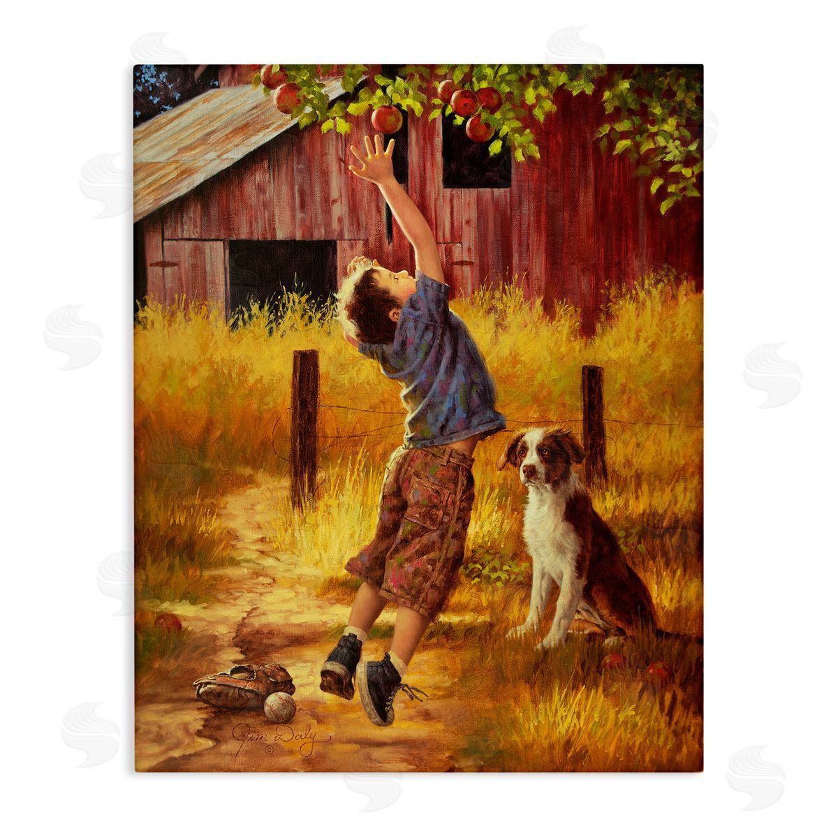 Jim Daly Boy Jumping for Apple with Dog Canvas Wall Art