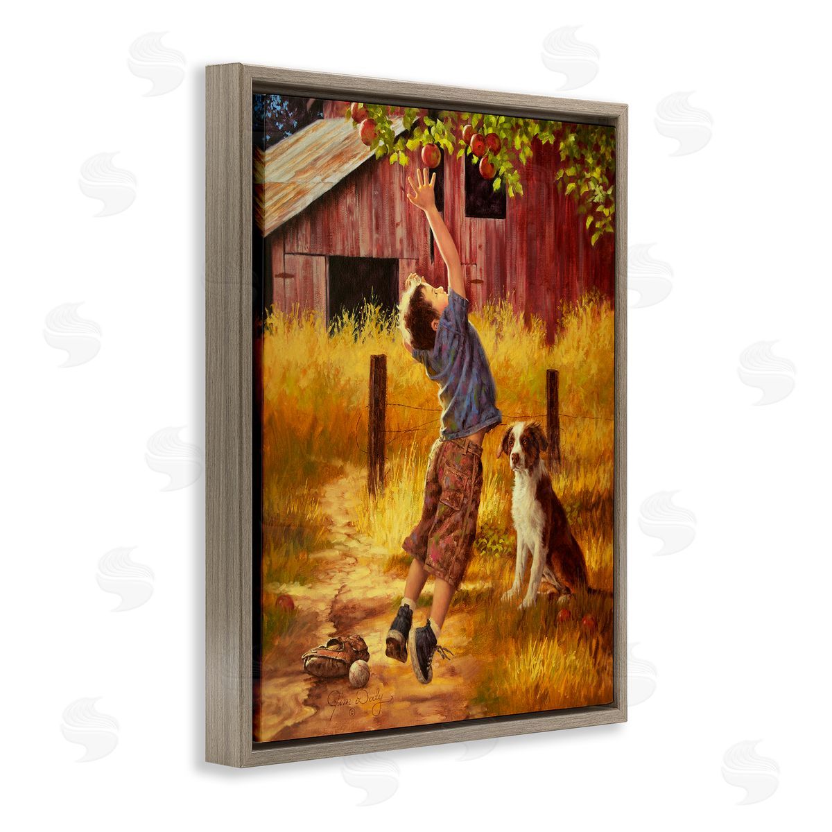 Jim Daly Boy Jumping for Apple with Dog Brown Floater Frame Canvas Art