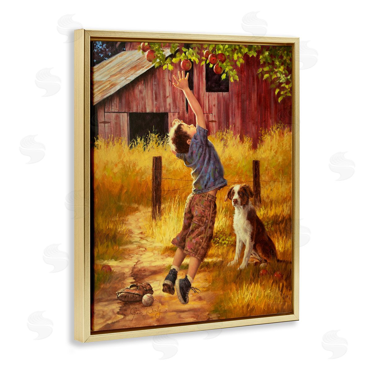 Jim Daly Boy Jumping for Apple with Dog Gold Floater Frame Canvas Art