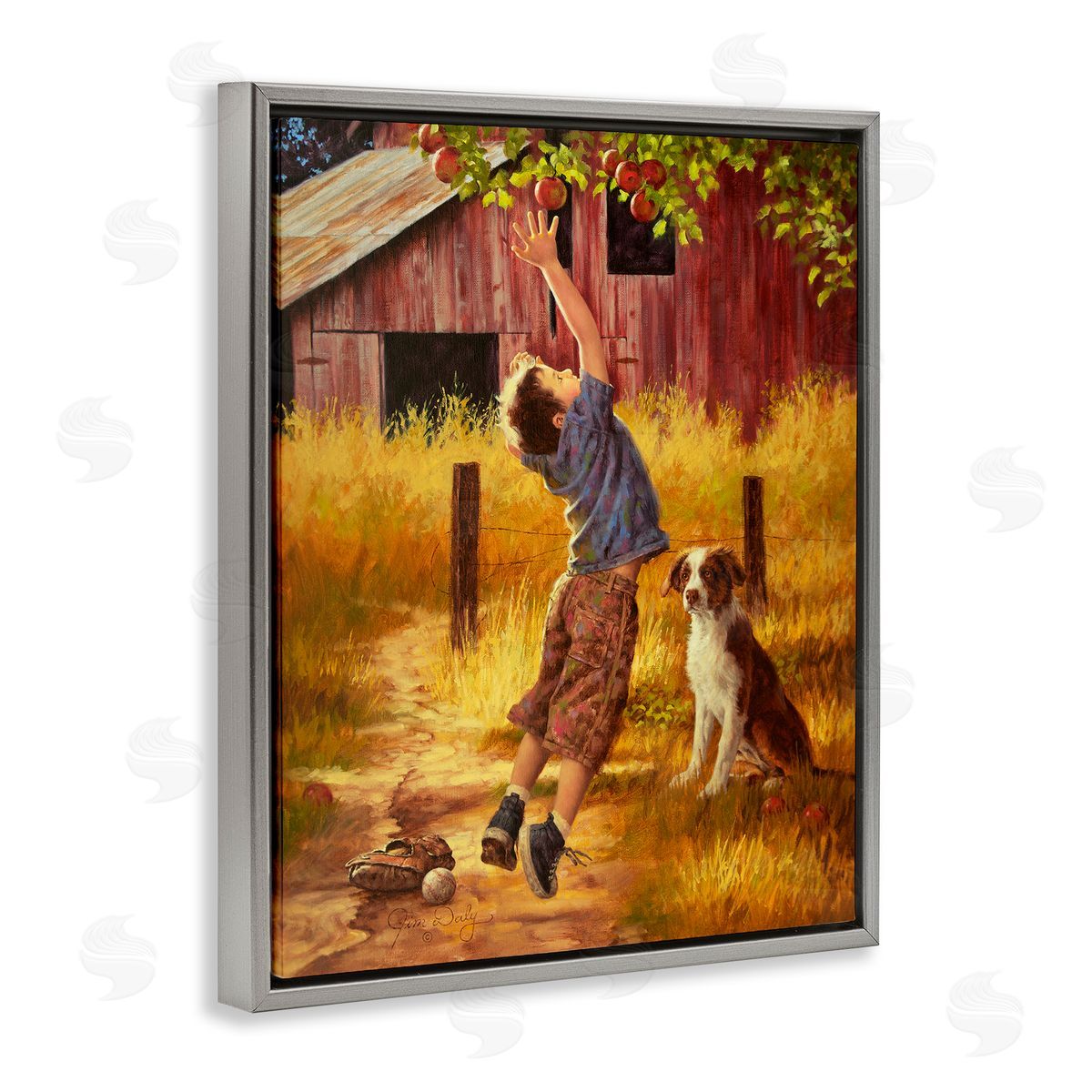 Jim Daly Boy Jumping for Apple with Dog Gray Floater Frame Canvas Art