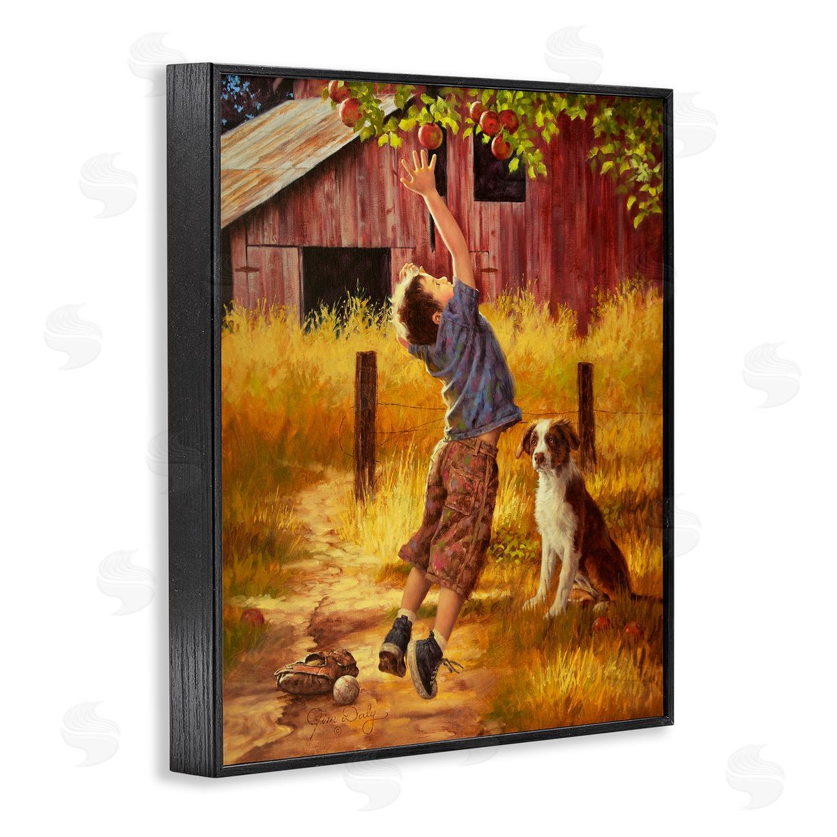 Jim Daly Boy Jumping for Apple with Dog Black Framed Giclee Wall Art
