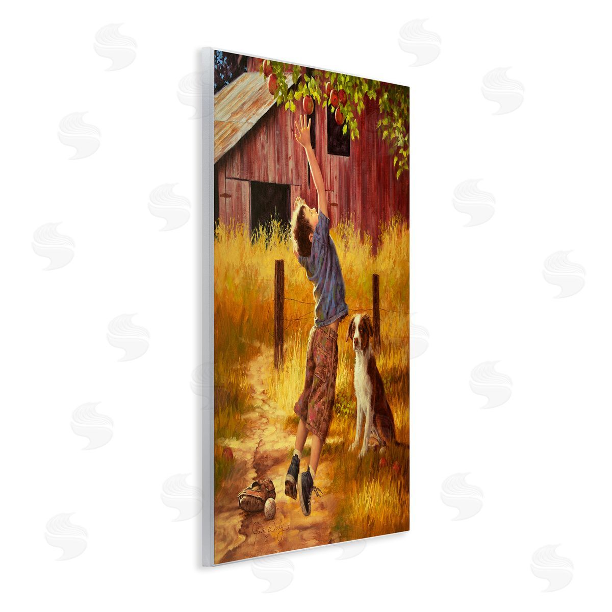 Jim Daly Boy Jumping for Apple with Dog Wall Plaque Art