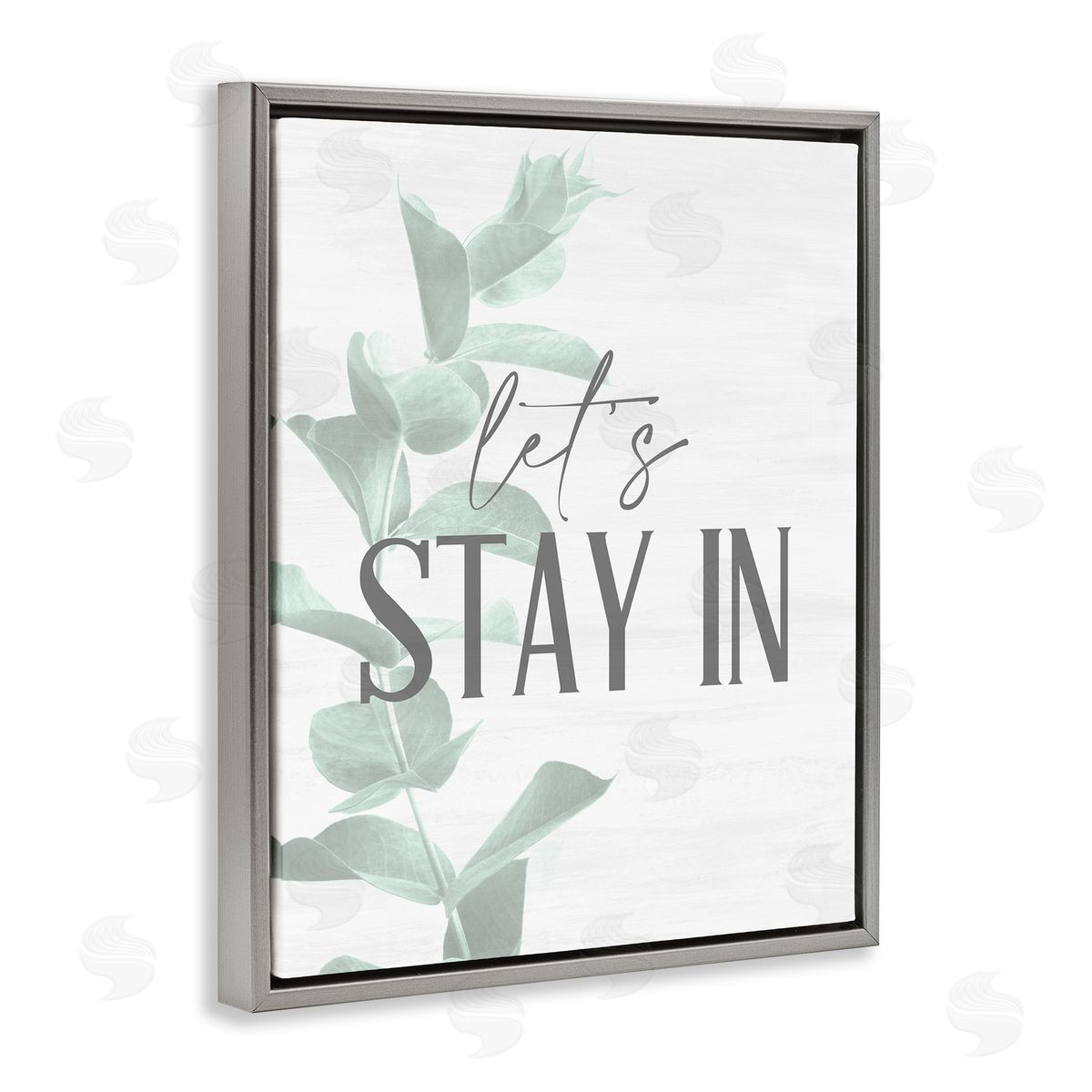 Kim Allen Lets Stay In Phrase Plant Leaves Gray Floater Frame Canvas Art