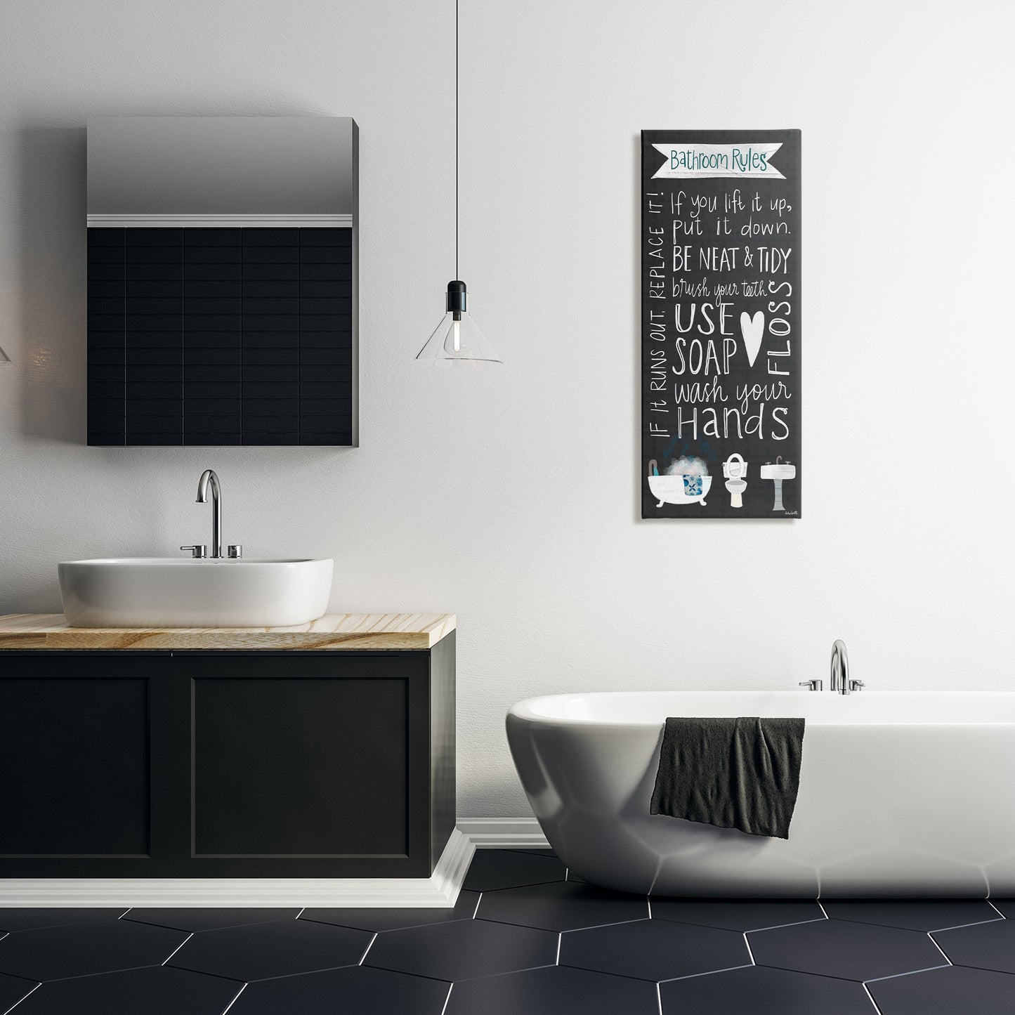 Whimsical Bathroom Rules Sign Canvas Wall Art in Room, Home Decor by Katie Doucette
