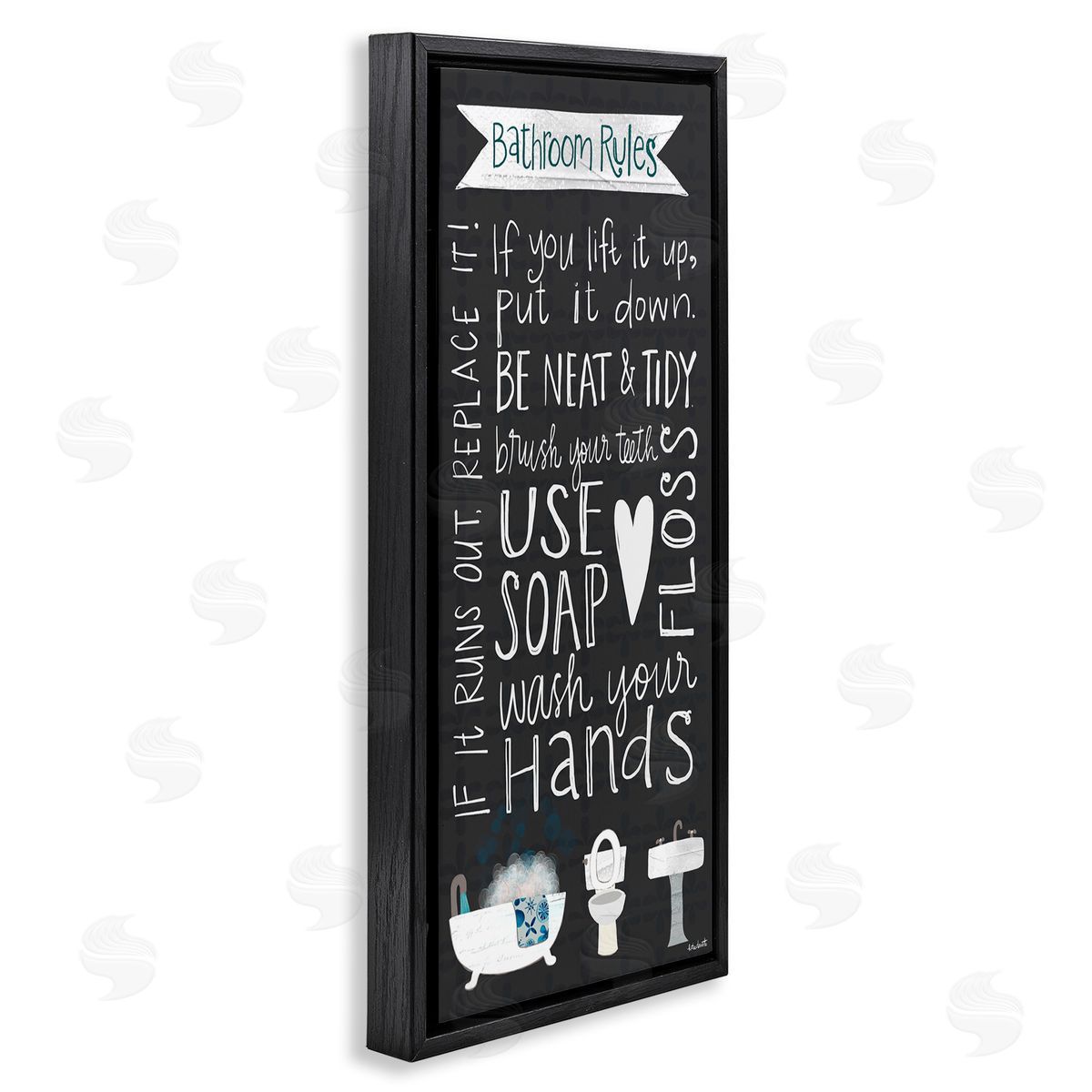 Whimsical Bathroom Rules Sign Black Floating Frame Canvas Wall Art, Home Decor by Katie Doucette