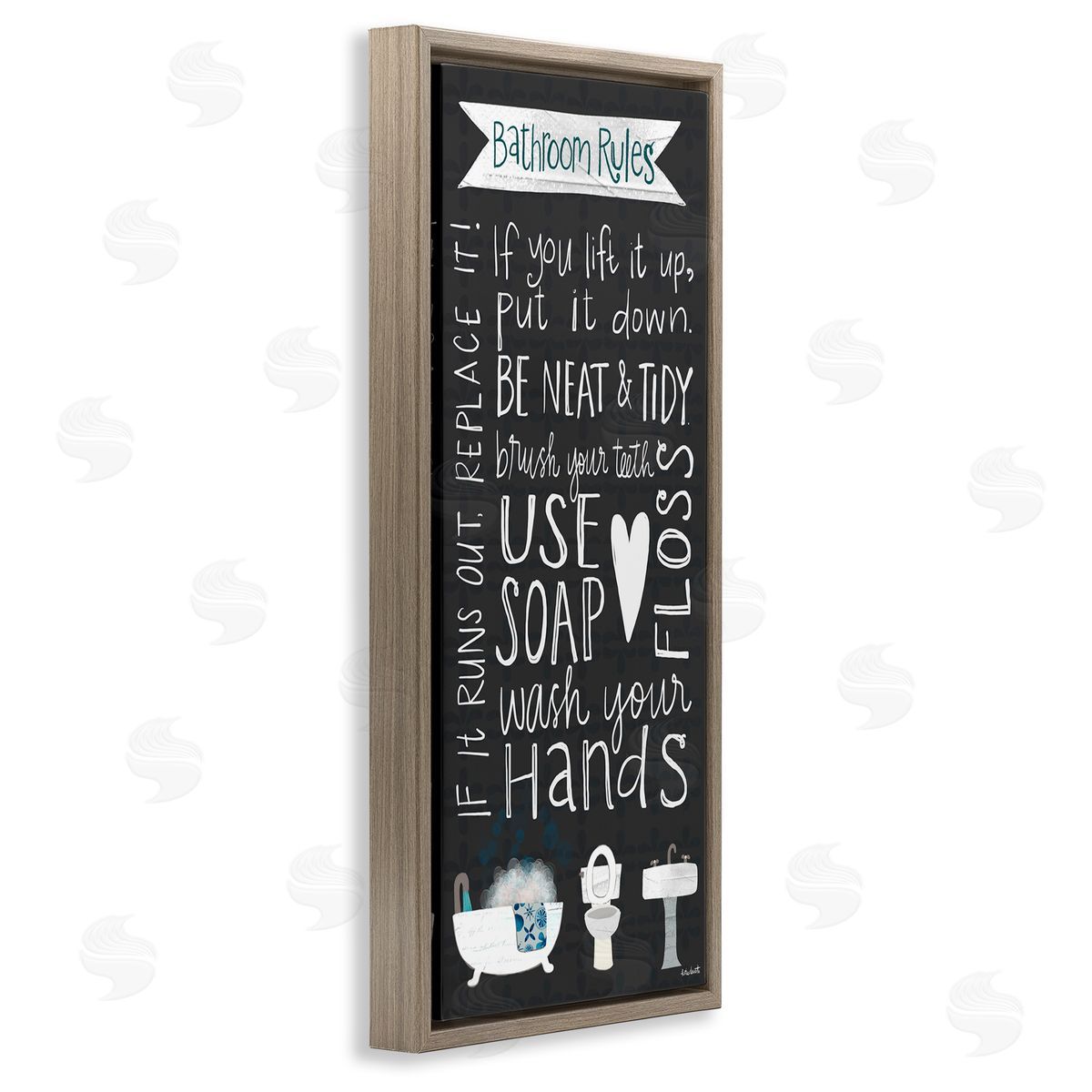Whimsical Bathroom Rules Sign Brown Floating Frame Canvas Wall Art, Home Decor by Katie Doucette