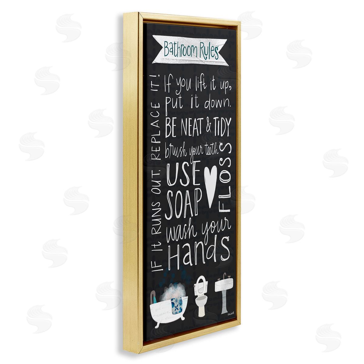 Whimsical Bathroom Rules Sign Gold Floating Frame Canvas Wall Art, Home Decor by Katie Doucette