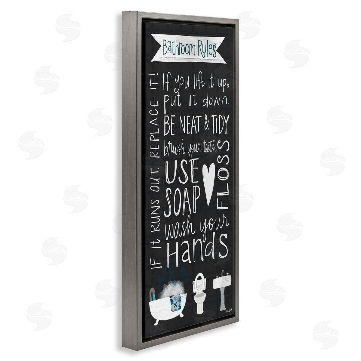 Whimsical Bathroom Rules Sign Grey Floating Frame Canvas Wall Art, Home Decor by Katie Doucette