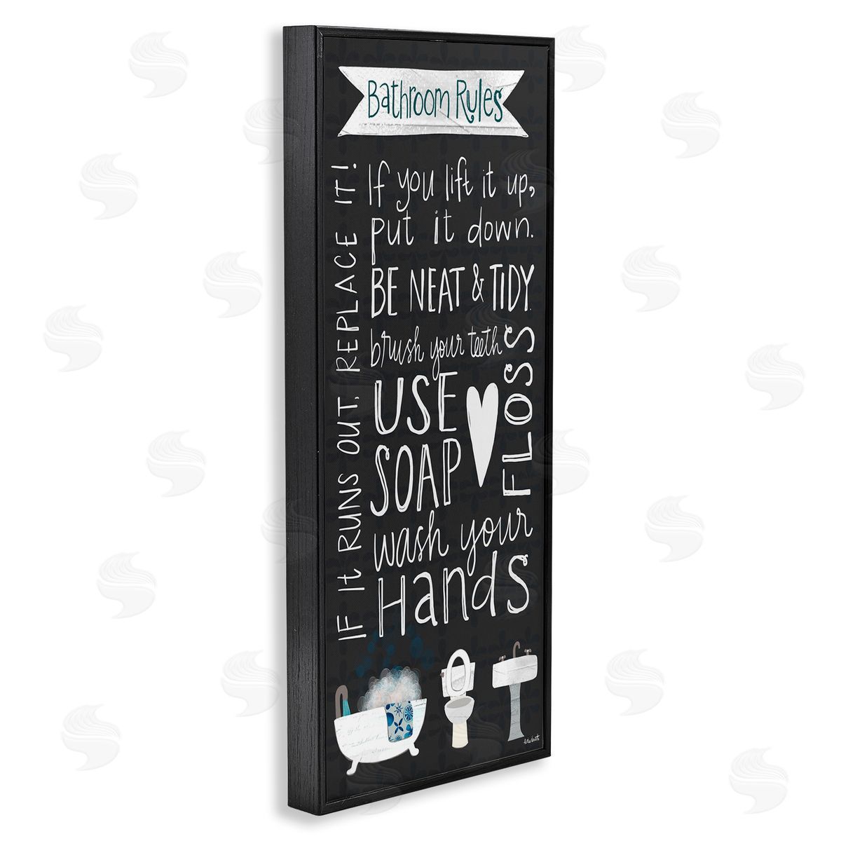 Whimsical Bathroom Rules Sign Black Frame Print Wall Art, Home Decor by Katie Doucette