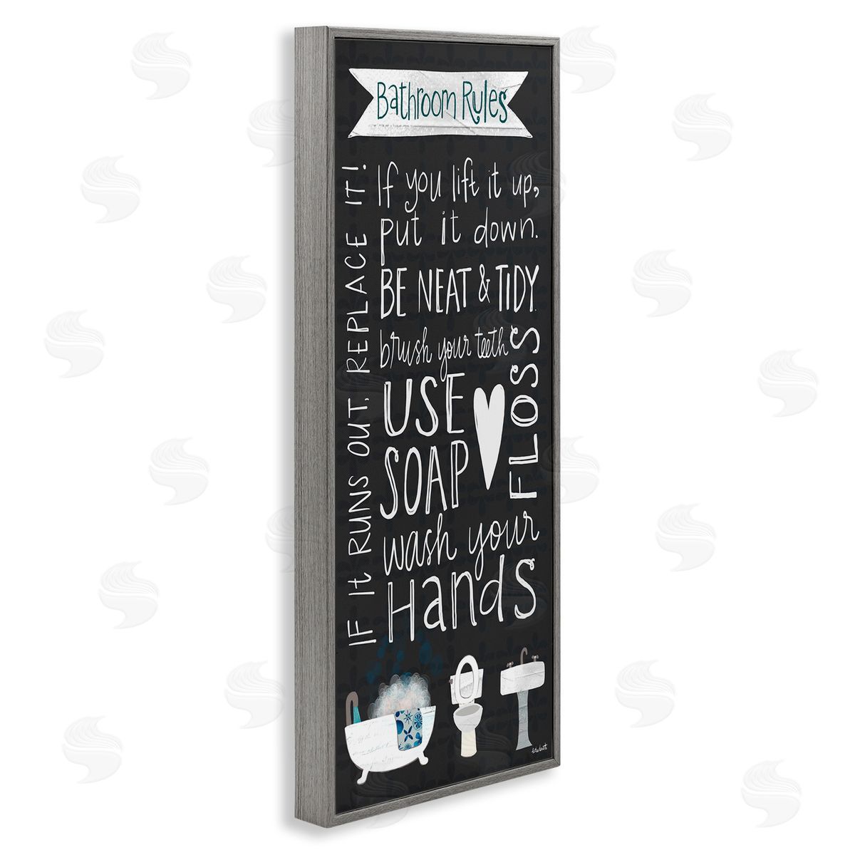 Whimsical Bathroom Rules Sign Grey Frame Print Wall Art, Home Decor by Katie Doucette