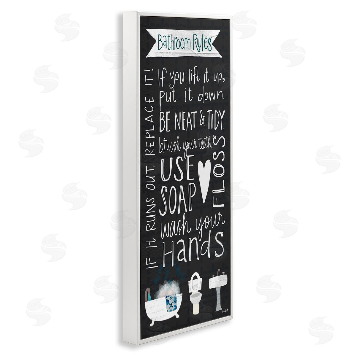Whimsical Bathroom Rules Sign White Frame Print Wall Art, Home Decor by Katie Doucette