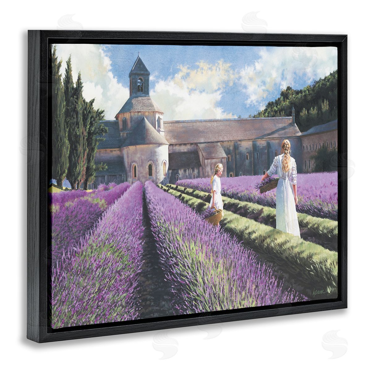 Heide Presse Women in Lavender Field Countryside Architecture Black Floater Frame Canvas Art