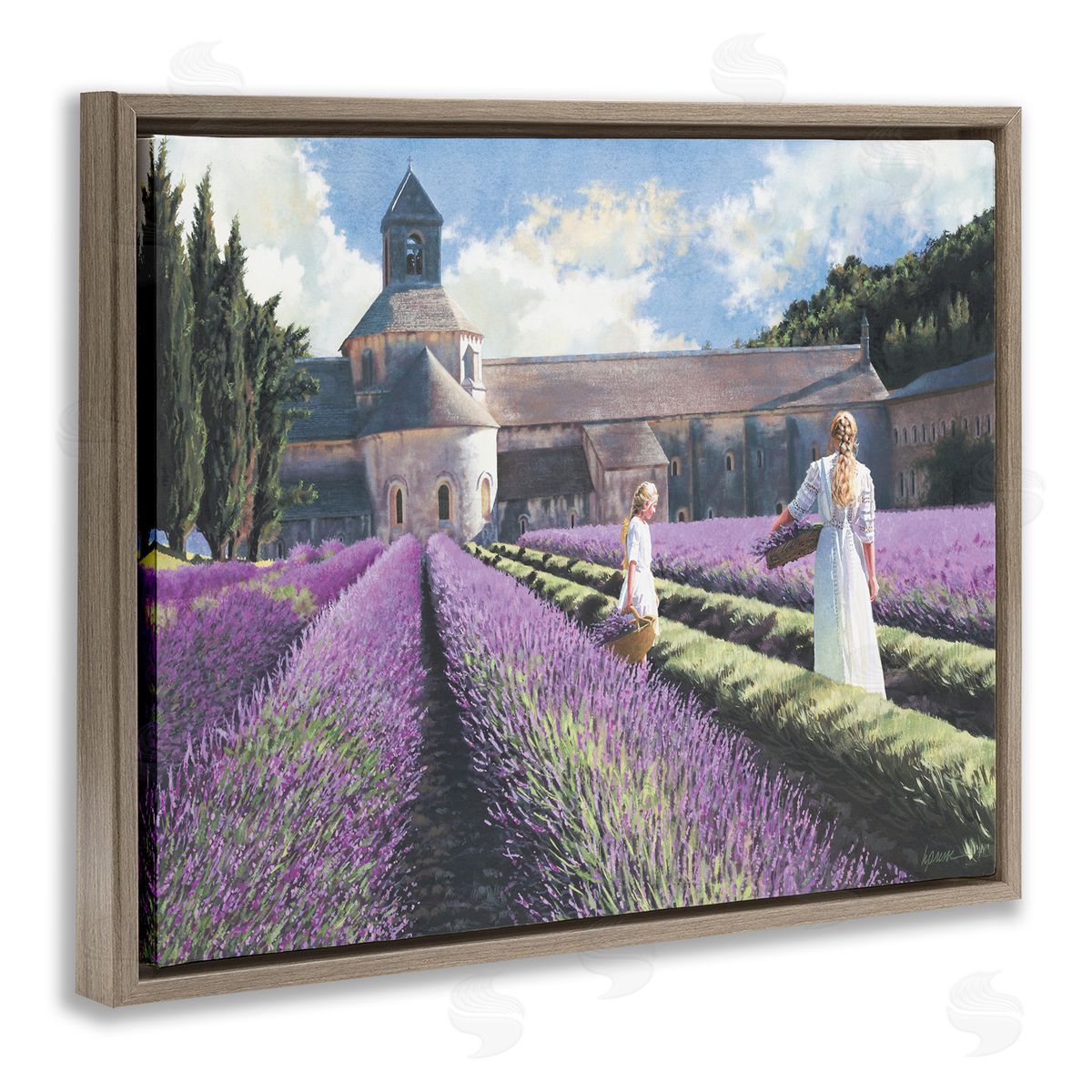 Heide Presse Women in Lavender Field Countryside Architecture Brown Floater Frame Canvas Art