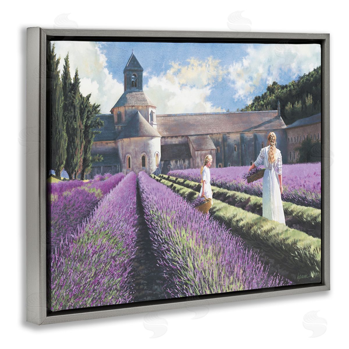 Heide Presse Women in Lavender Field Countryside Architecture Gray Floater Frame Canvas Art