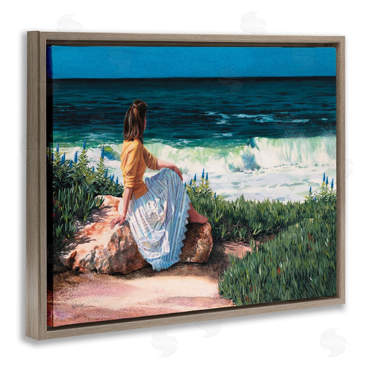 Heide Presse Woman Gazing at Beach Coast Brown Floater Frame Canvas Art