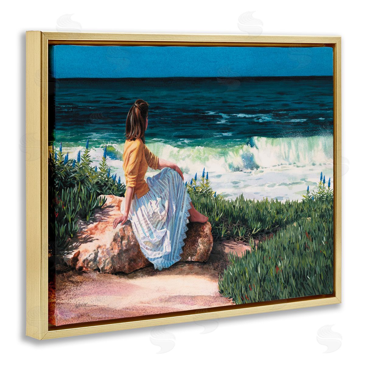 Heide Presse Woman Gazing at Beach Coast Gold Floater Frame Canvas Art