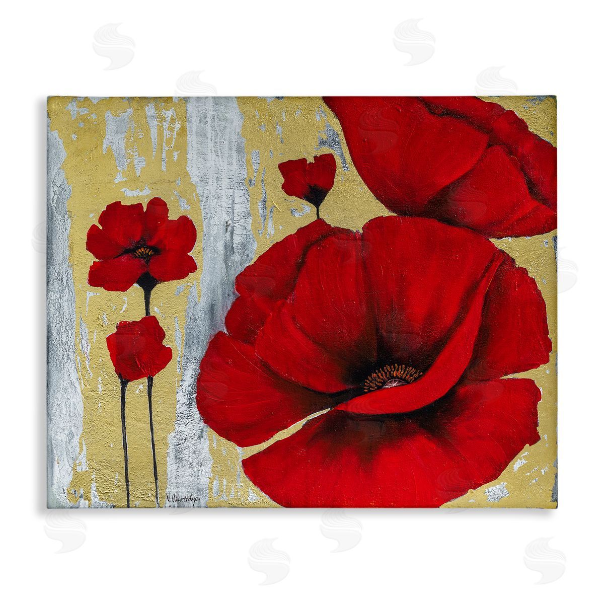 Vahan Alaverdyan Rustic Red Poppy Florals Grey Gold  Canvas Wall Art