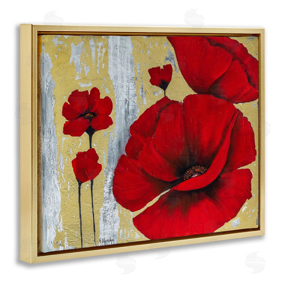 Vahan Alaverdyan Rustic Red Poppy Florals Grey Gold  Gold Floater Frame Canvas Art