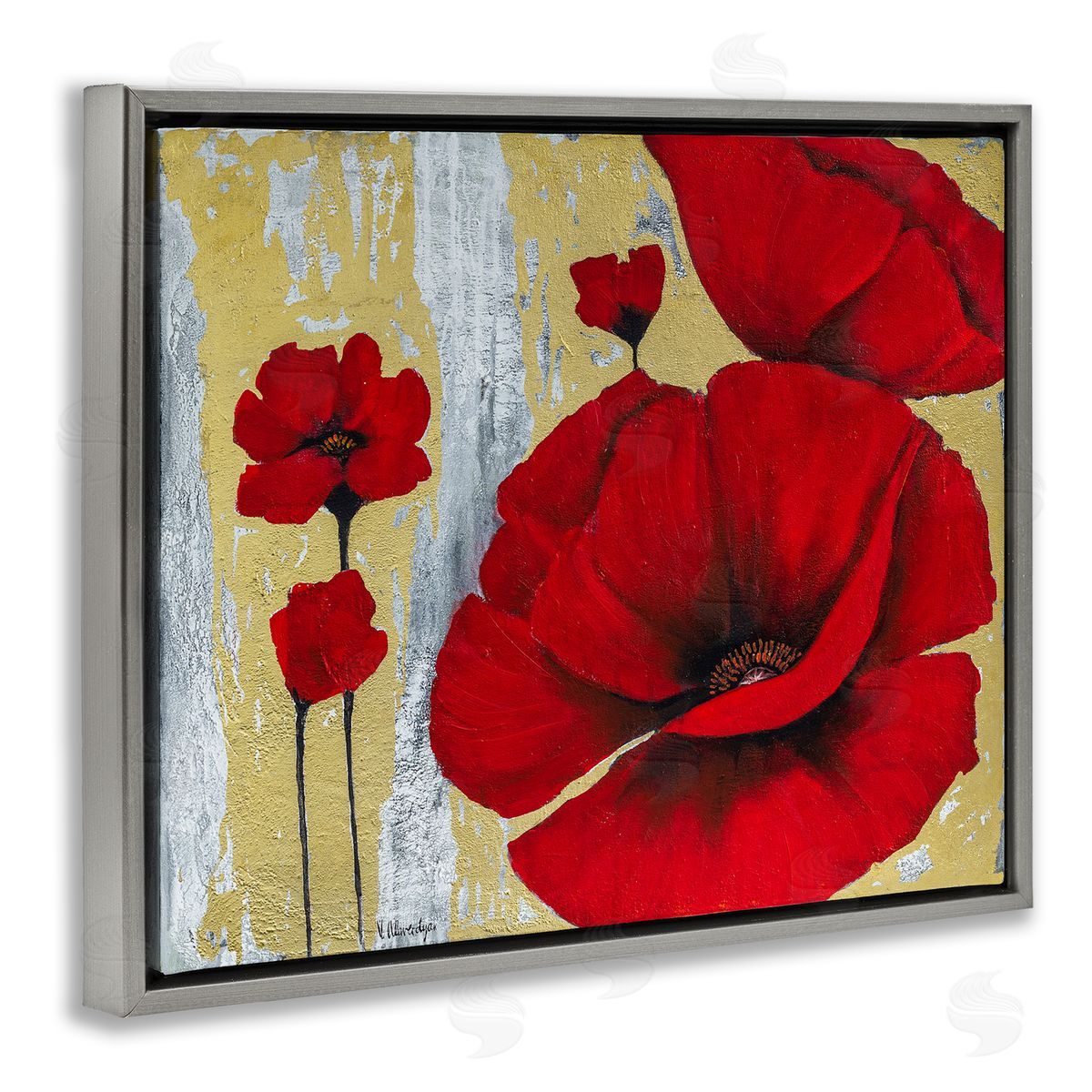 Vahan Alaverdyan Rustic Red Poppy Florals Grey Gold  Gray Floater Frame Canvas Art