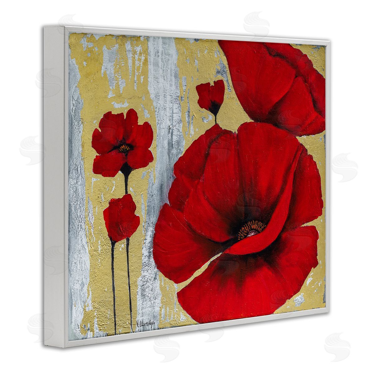 Vahan Alaverdyan Rustic Red Poppy Florals Grey Gold  White Framed Giclee Wall Art