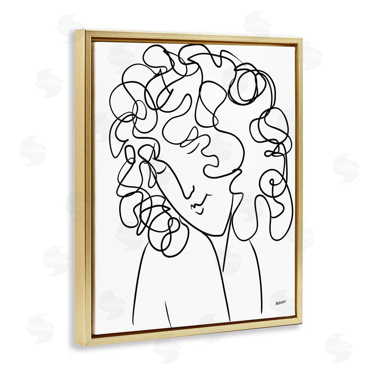 Patti Mann Minimal Female Linework Curly Hair Gold Floater Frame Canvas Art
