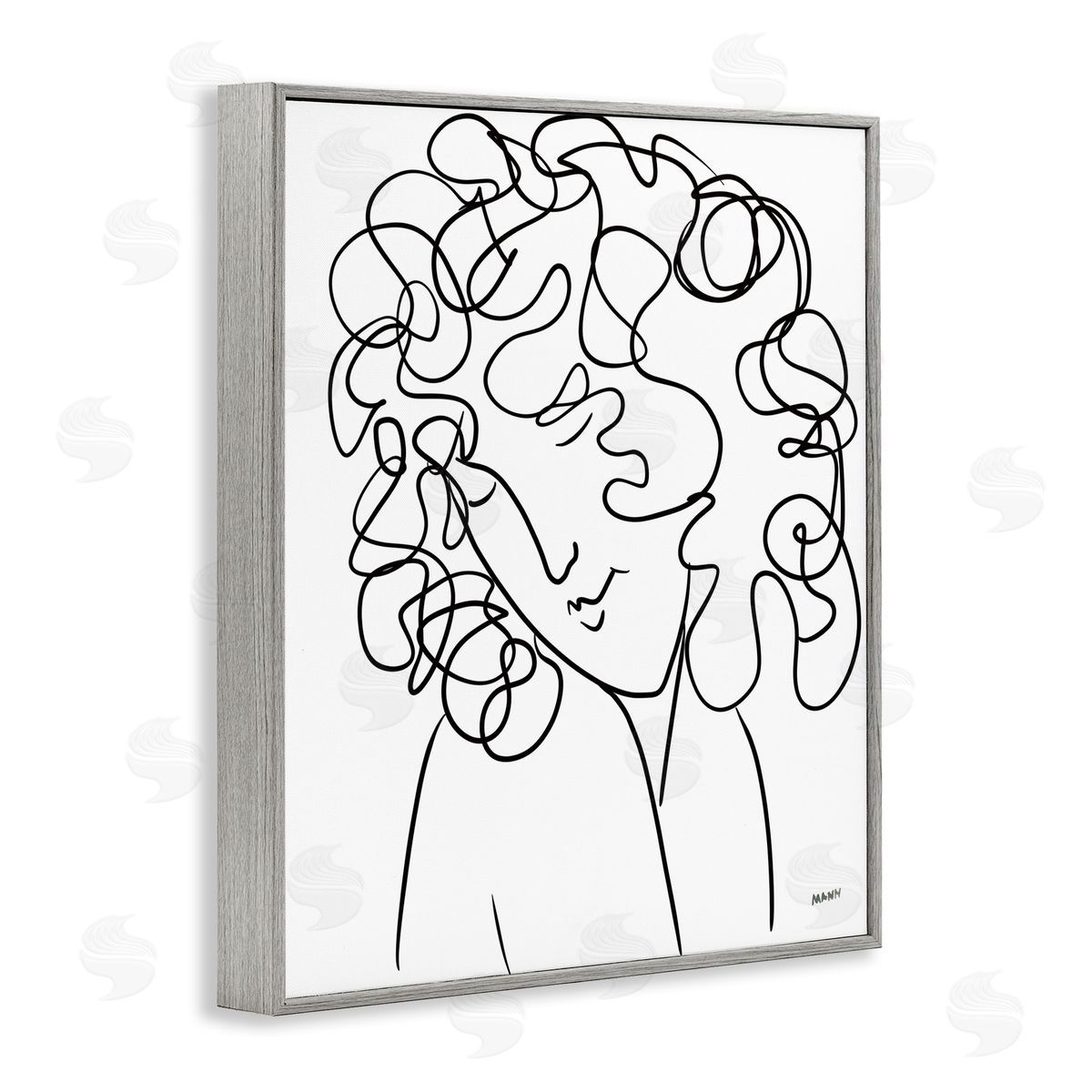 Patti Mann Minimal Female Linework Curly Hair Gray Framed Giclee Wall Art