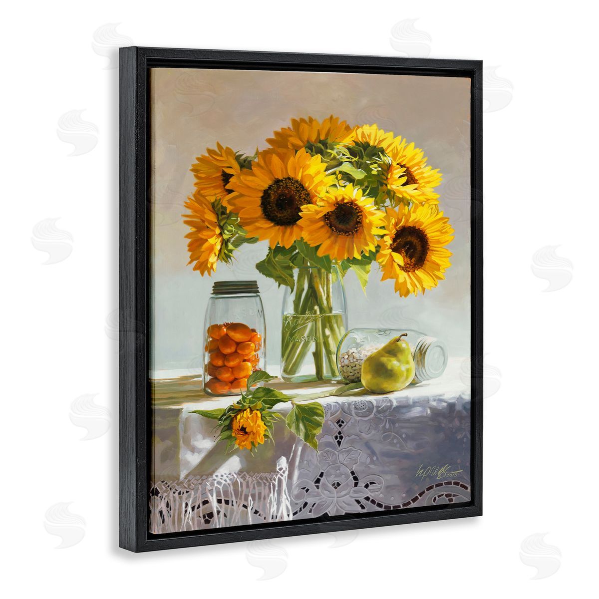 Heide Presse Farmhouse Sunflower Country Fruit Jars Black Floater Frame Canvas Art