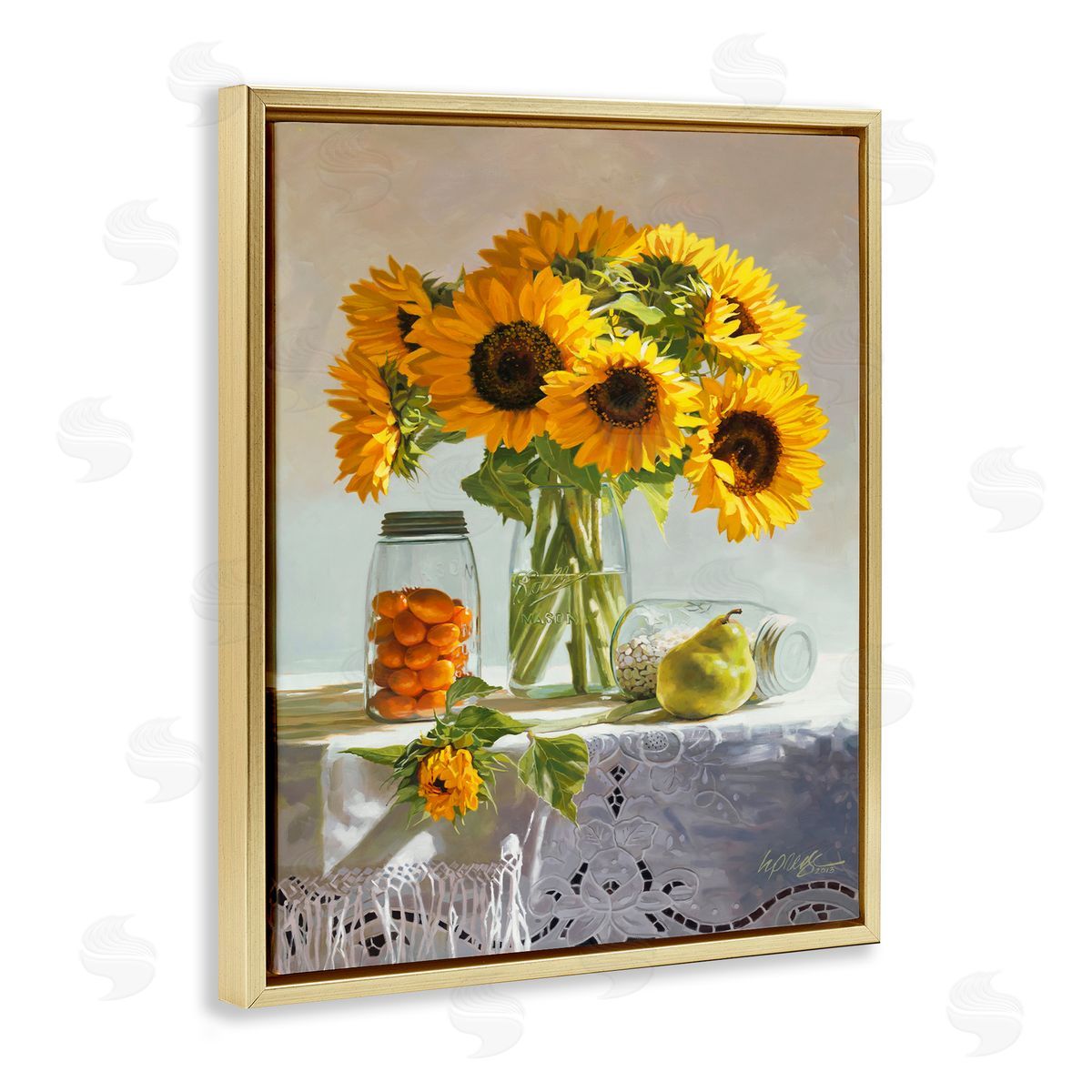 Heide Presse Farmhouse Sunflower Country Fruit Jars Gold Floater Frame Canvas Art