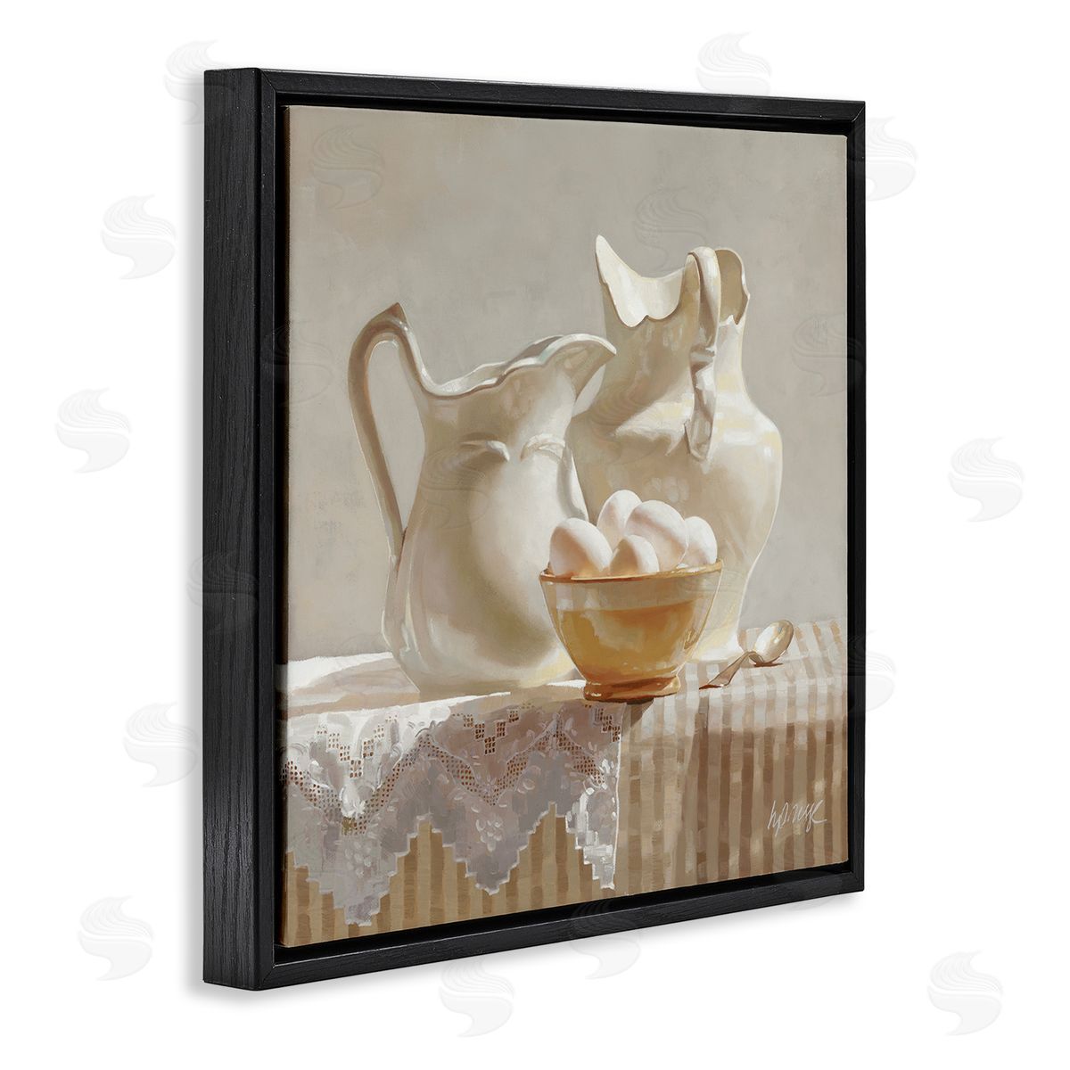 Heide Presse Country White Pitchers Farm Table Still Life Black Floater Frame Canvas Art