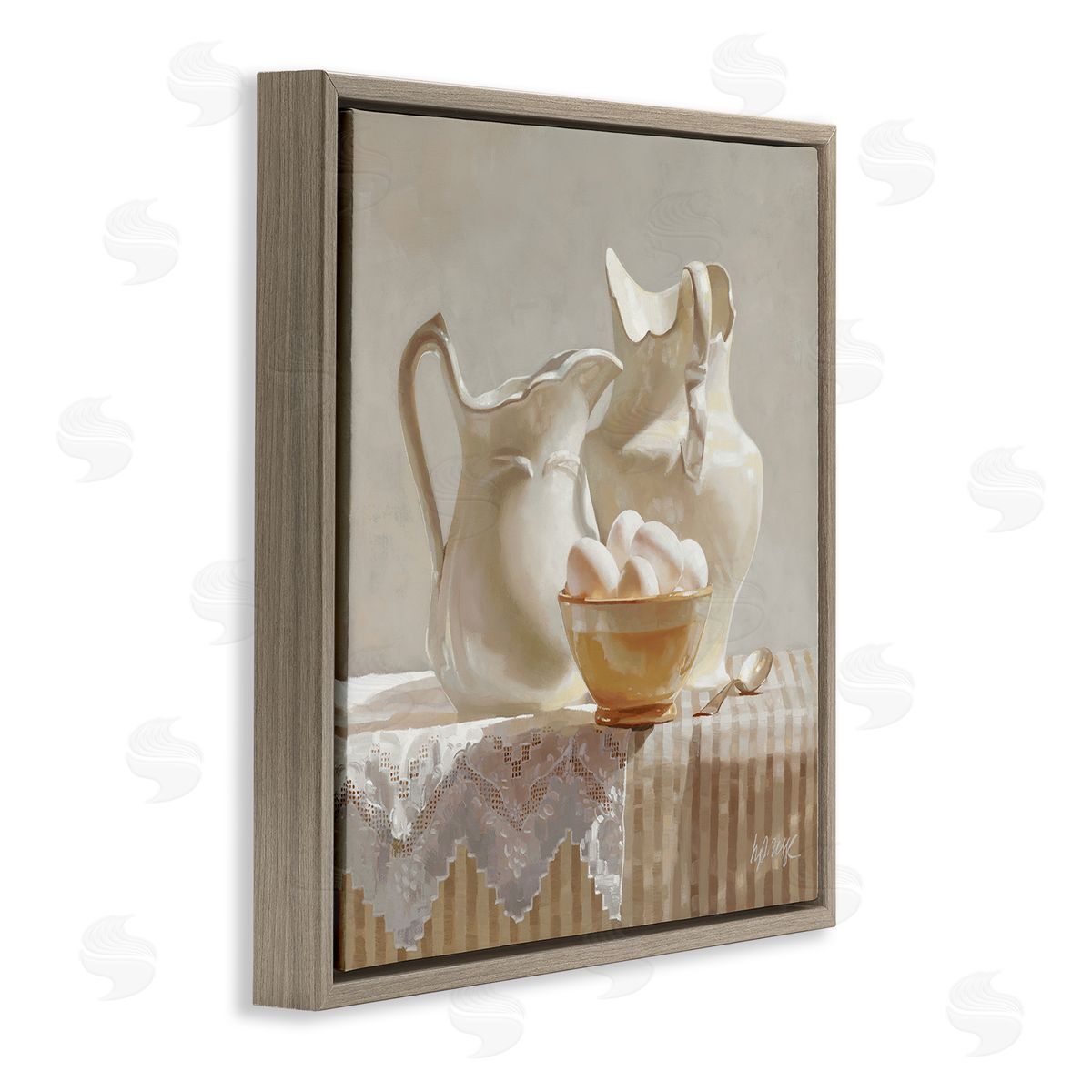 Heide Presse Country White Pitchers Farm Table Still Life Brown Floater Frame Canvas Art