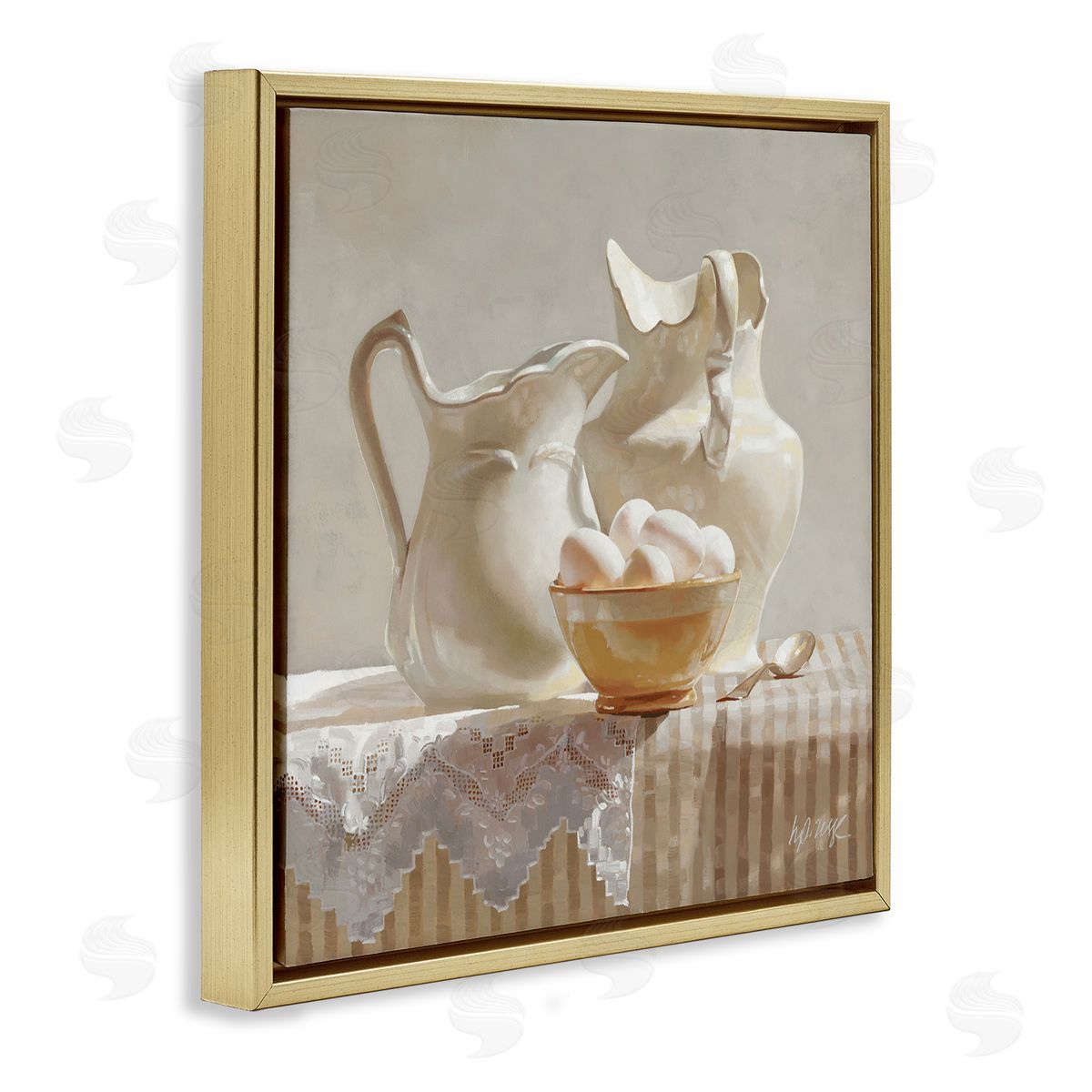 Heide Presse Country White Pitchers Farm Table Still Life Gold Floater Frame Canvas Art