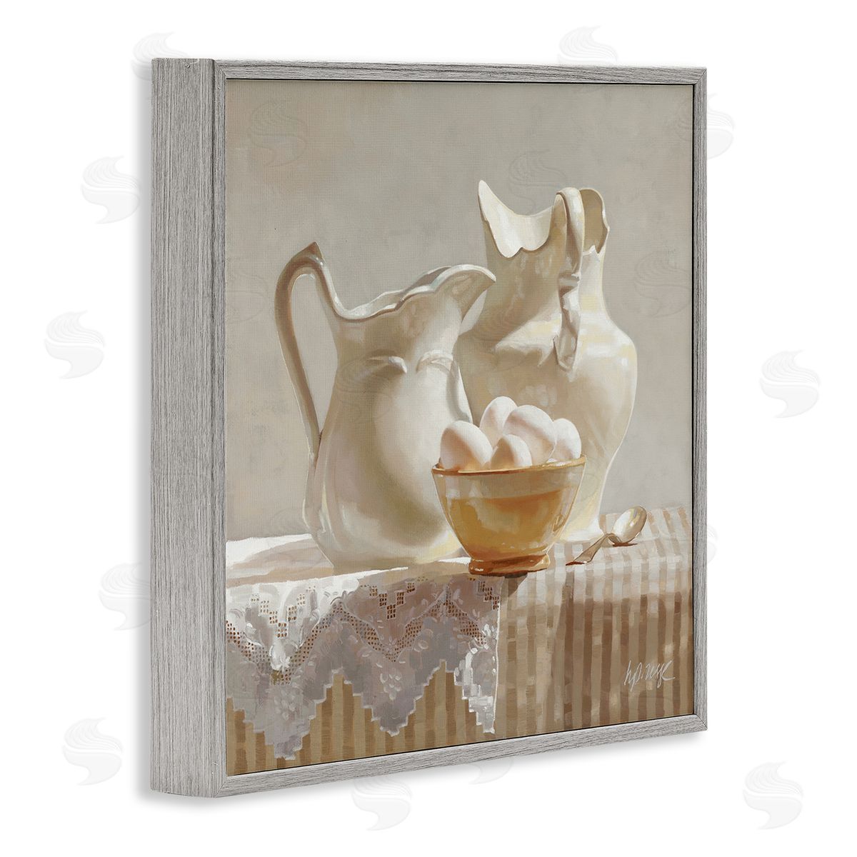 Heide Presse Country White Pitchers Farm Table Still Life Gray Framed Giclee Wall Art