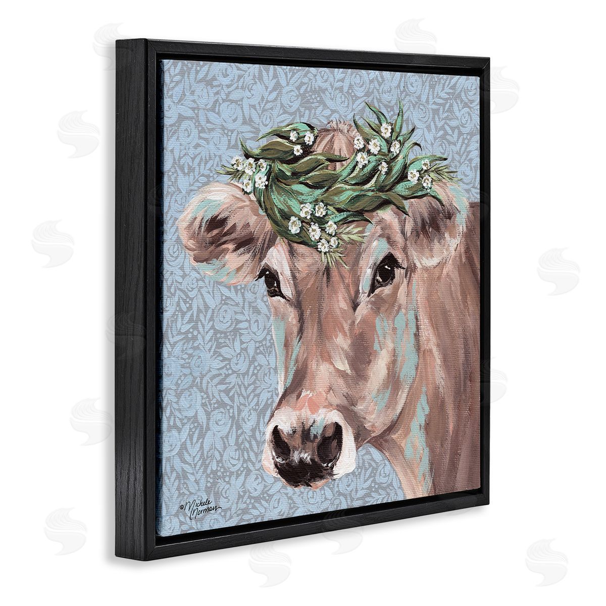 Michele Norman Charming Rural Cow Portrait Floral Crown Black Floater Frame Canvas Art