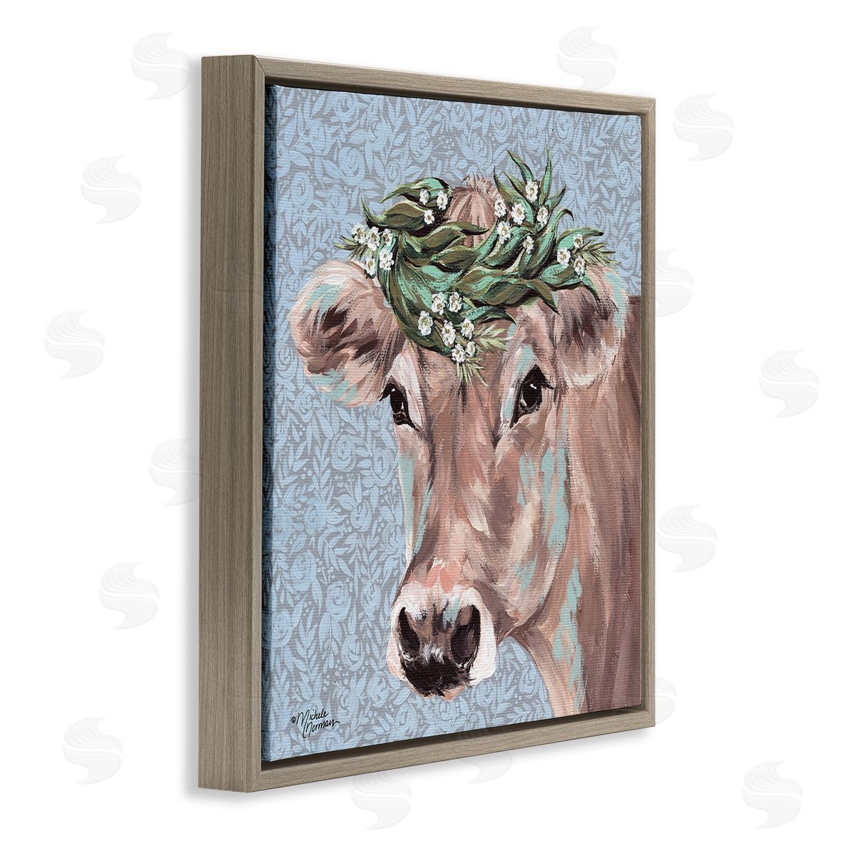 Michele Norman Charming Rural Cow Portrait Floral Crown Brown Floater Frame Canvas Art