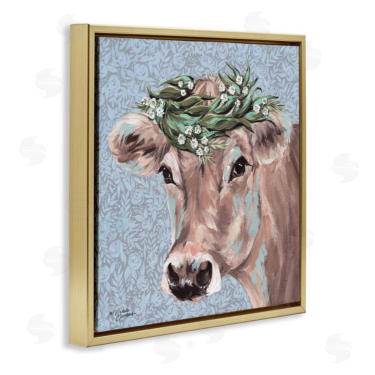 Michele Norman Charming Rural Cow Portrait Floral Crown Gold Floater Frame Canvas Art