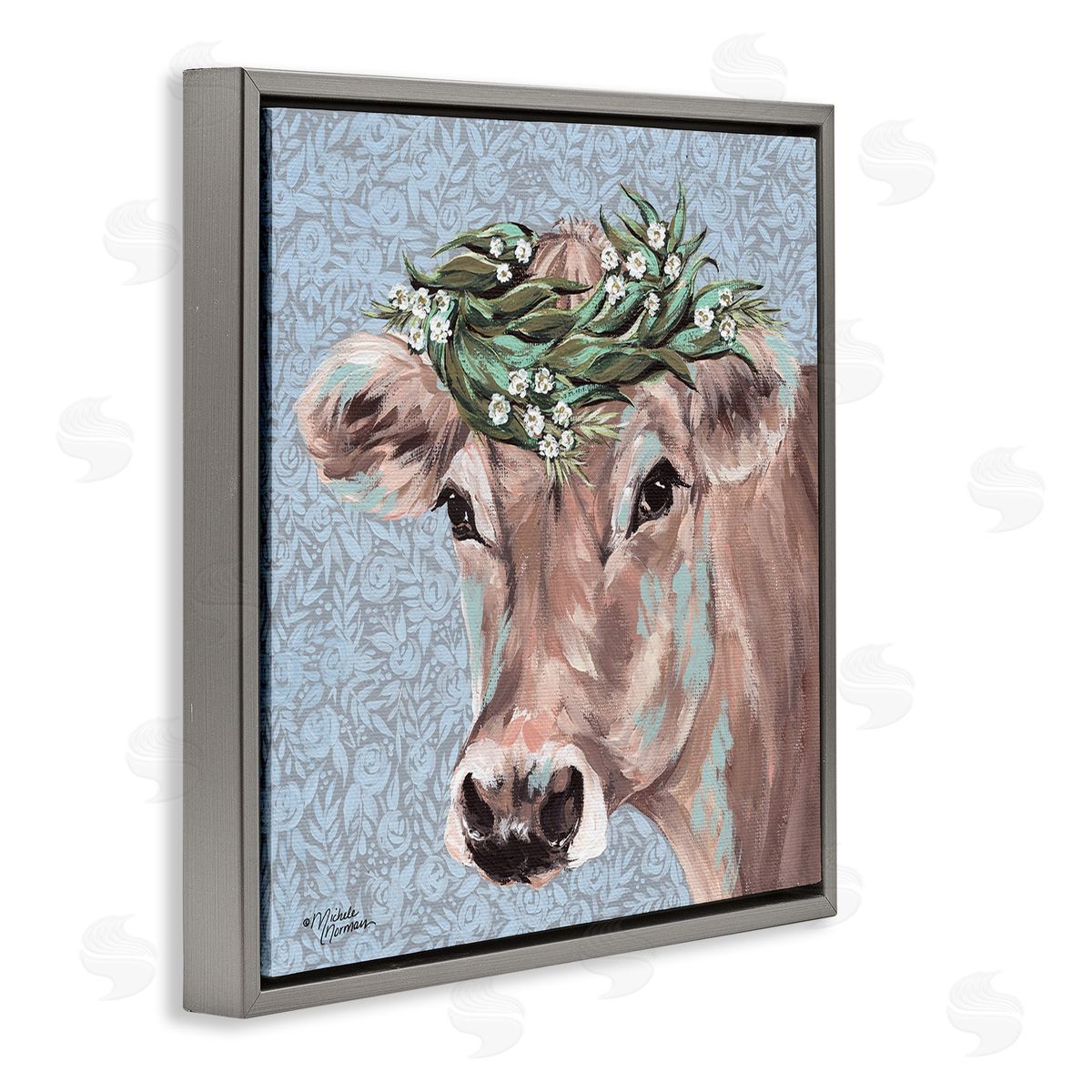 Michele Norman Charming Rural Cow Portrait Floral Crown Gray Floater Frame Canvas Art