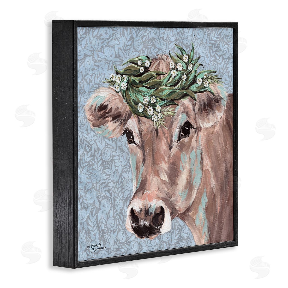 Michele Norman Charming Rural Cow Portrait Floral Crown Black Framed Giclee Wall Art