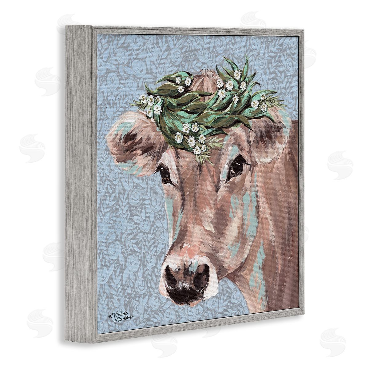 Michele Norman Charming Rural Cow Portrait Floral Crown Gray Framed Giclee Wall Art