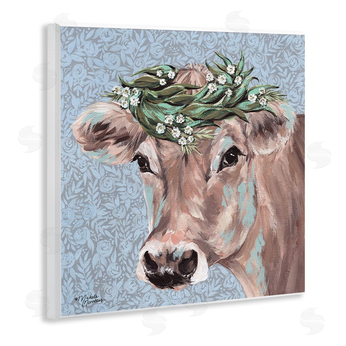 Michele Norman Charming Rural Cow Portrait Floral Crown Wall Plaque Art