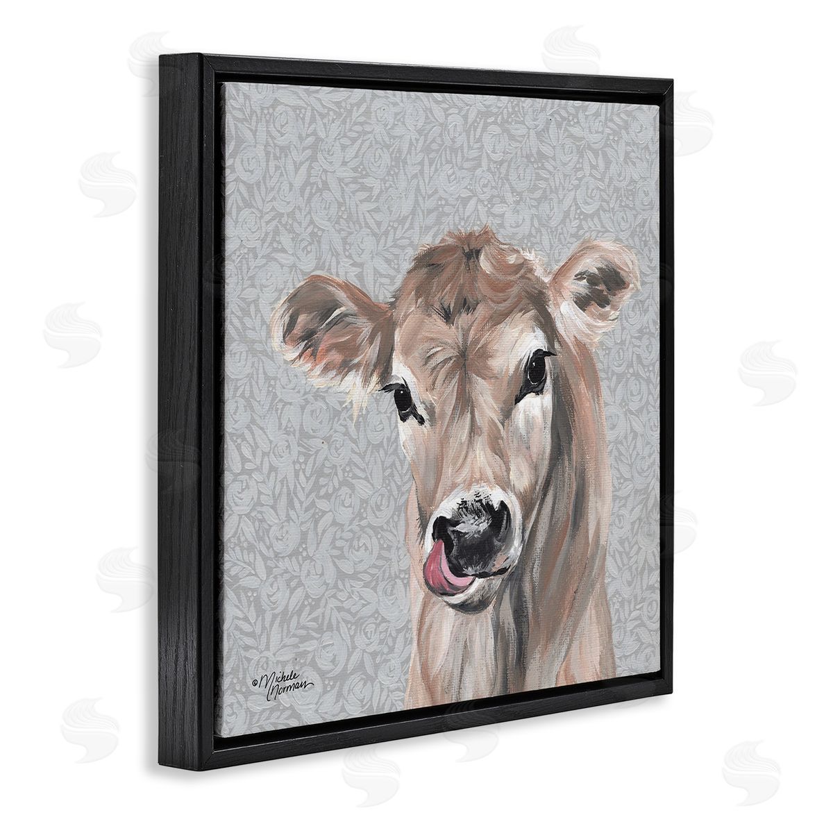Young Calf Portrait on Floral Black Floating Frame Canvas Wall Art, Home Decor by Michele Norman