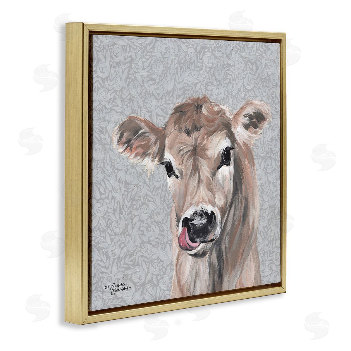 Young Calf Portrait on Floral Gold Floating Frame Canvas Wall Art, Home Decor by Michele Norman