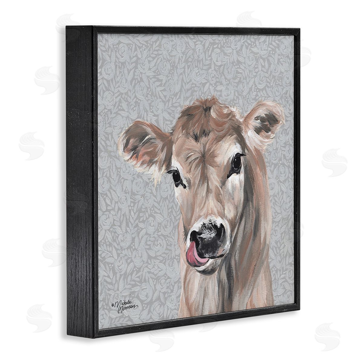 Young Calf Portrait on Floral Black Frame Print Wall Art, Home Decor by Michele Norman