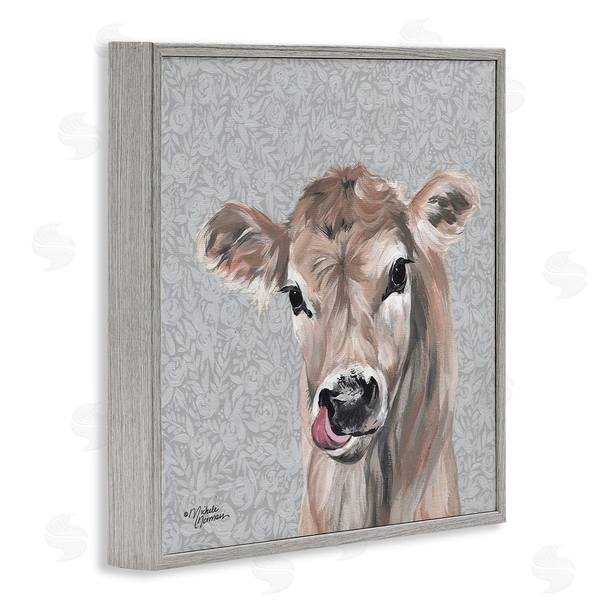 Young Calf Portrait on Floral Grey Frame Print Wall Art, Home Decor by Michele Norman