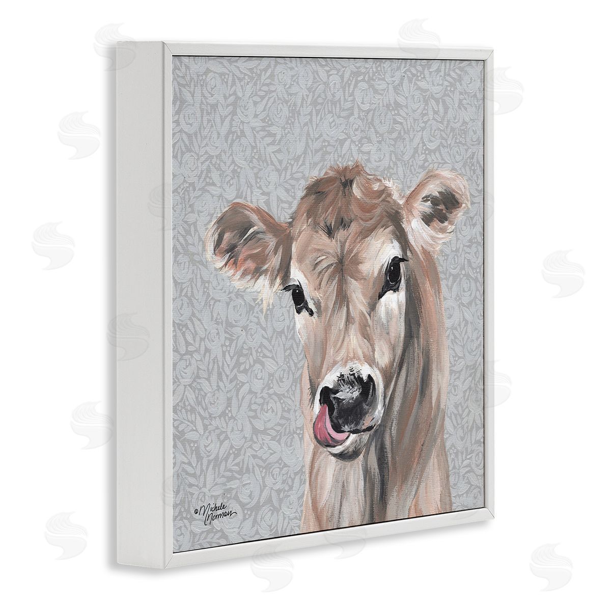 Young Calf Portrait on Floral White Frame Print Wall Art, Home Decor by Michele Norman