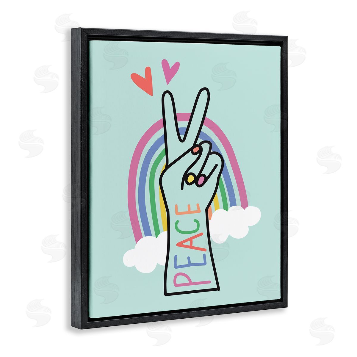 Nina Seven Peace Love Rainbow Turquoise Hand Sign Black Floater Frame Canvas Art